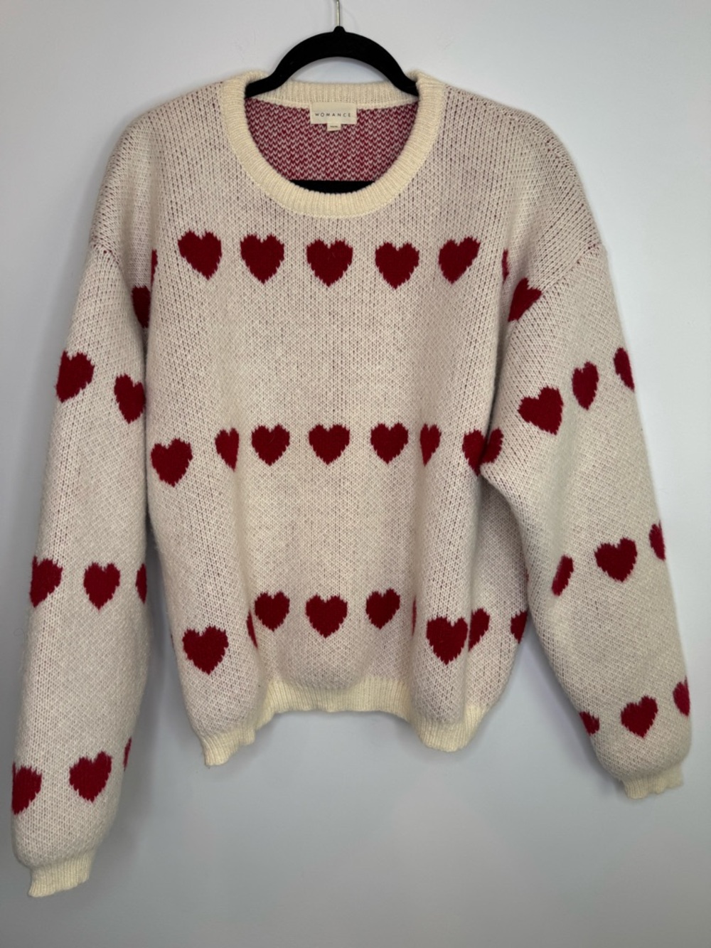 Womance Cream plush Sweater with Red Heart Pattern size XL - Picture 2 of 7